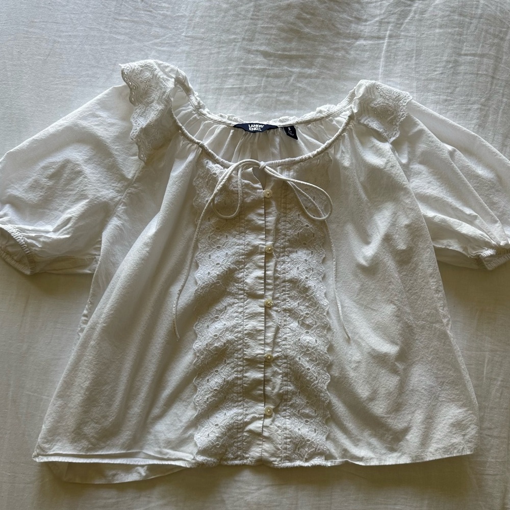 Lands End Women’s Voile Puff Elbow Sleeve Embroidered Blouse